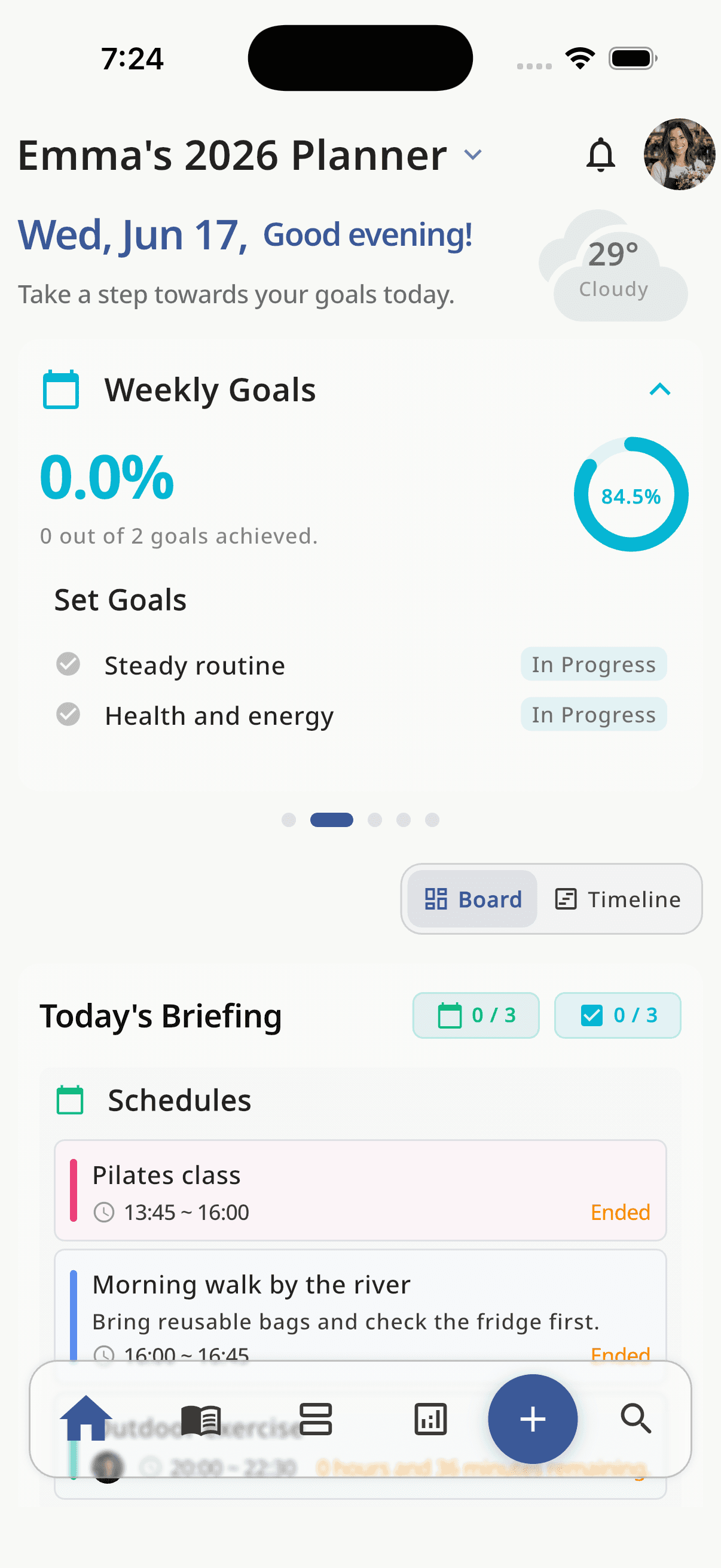 HaruSync dashboard screen with goals, weather, schedules, and task briefings