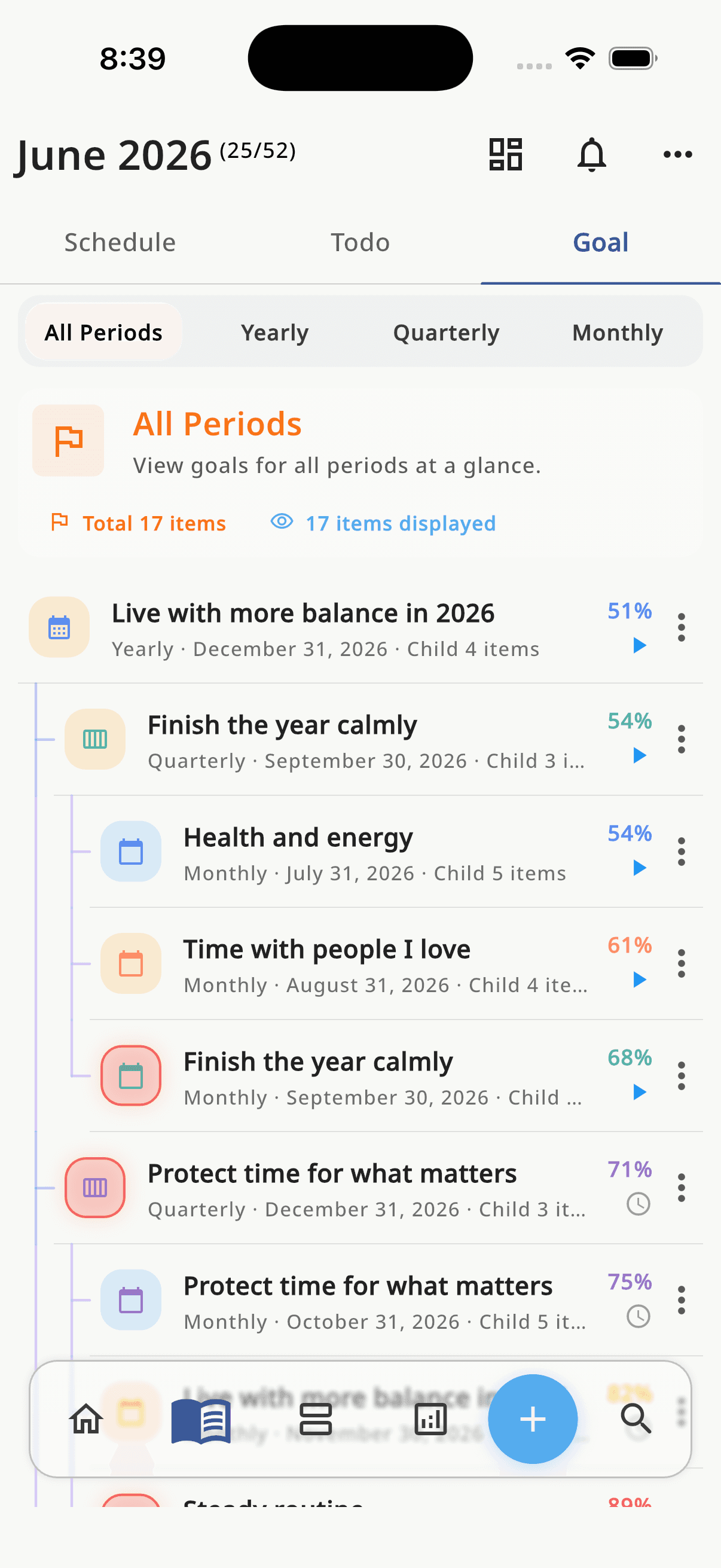 HaruSync goals screen with yearly, quarterly, monthly, weekly, and daily goal cards