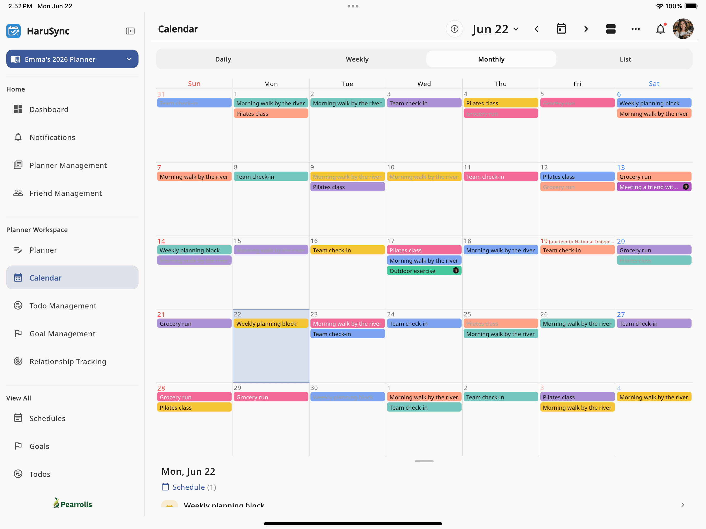 HaruSync tablet screen showing a side rail and monthly planner calendar together
