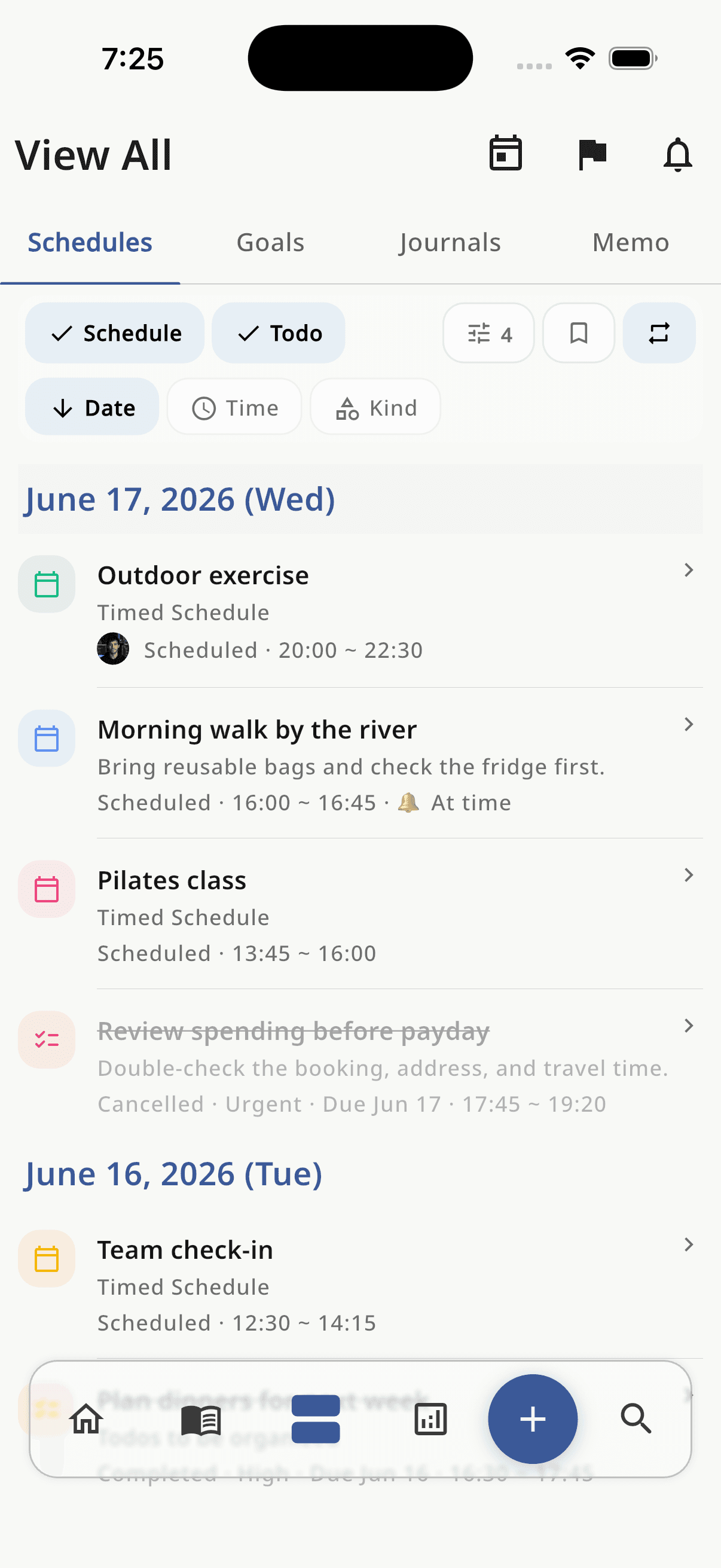 HaruSync view all screen with combined schedules and tasks