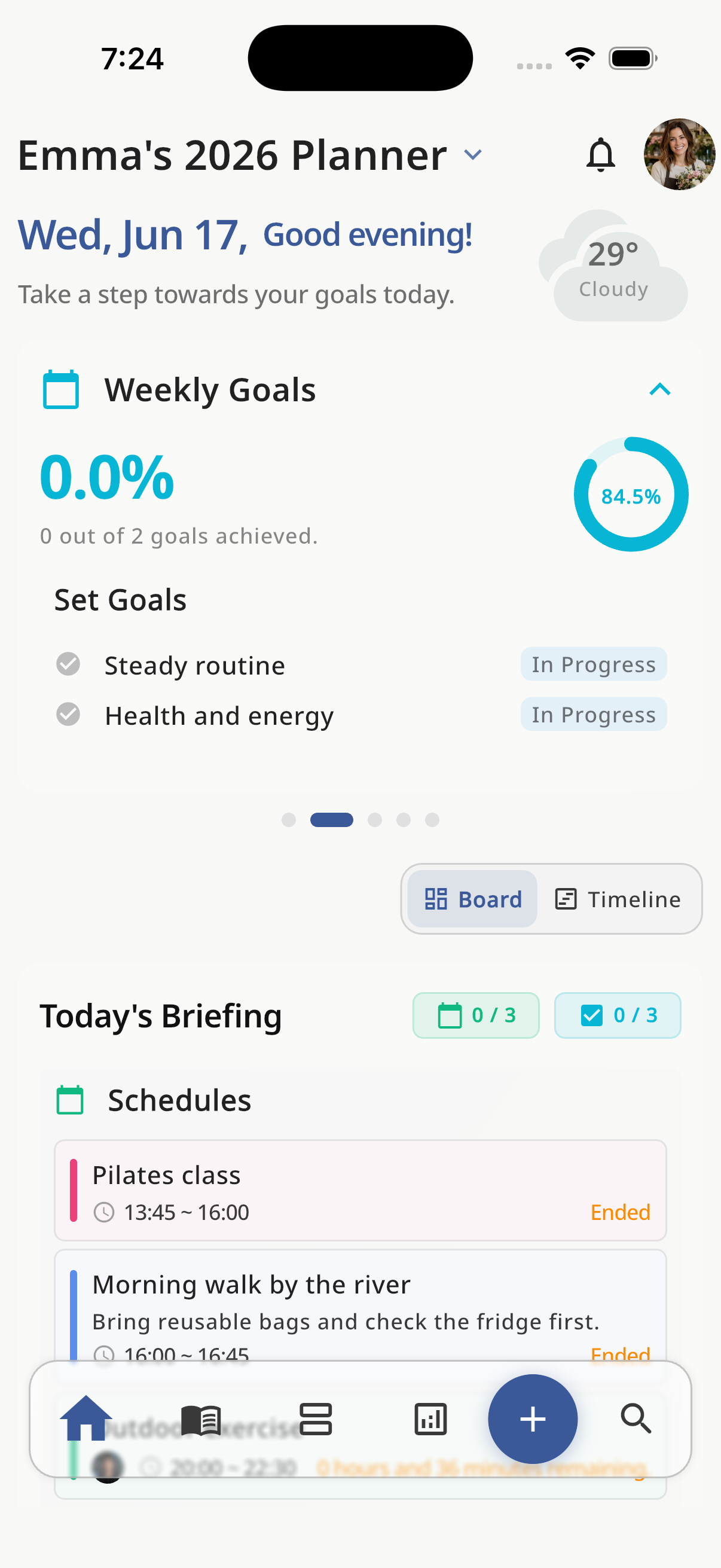 HaruSync dashboard screen with goals, weather, schedules, and task briefings
