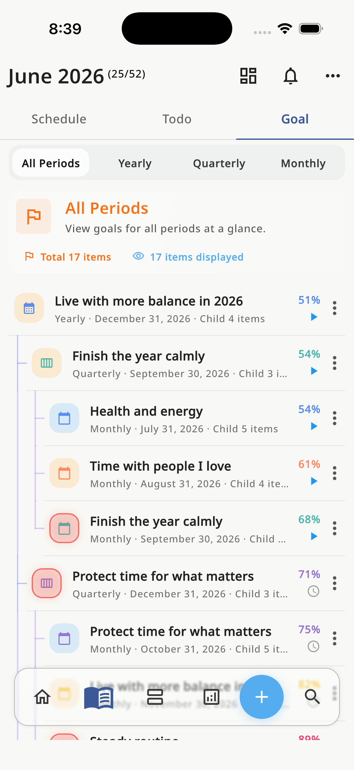 HaruSync goals screen with yearly, quarterly, monthly, weekly, and daily goal cards