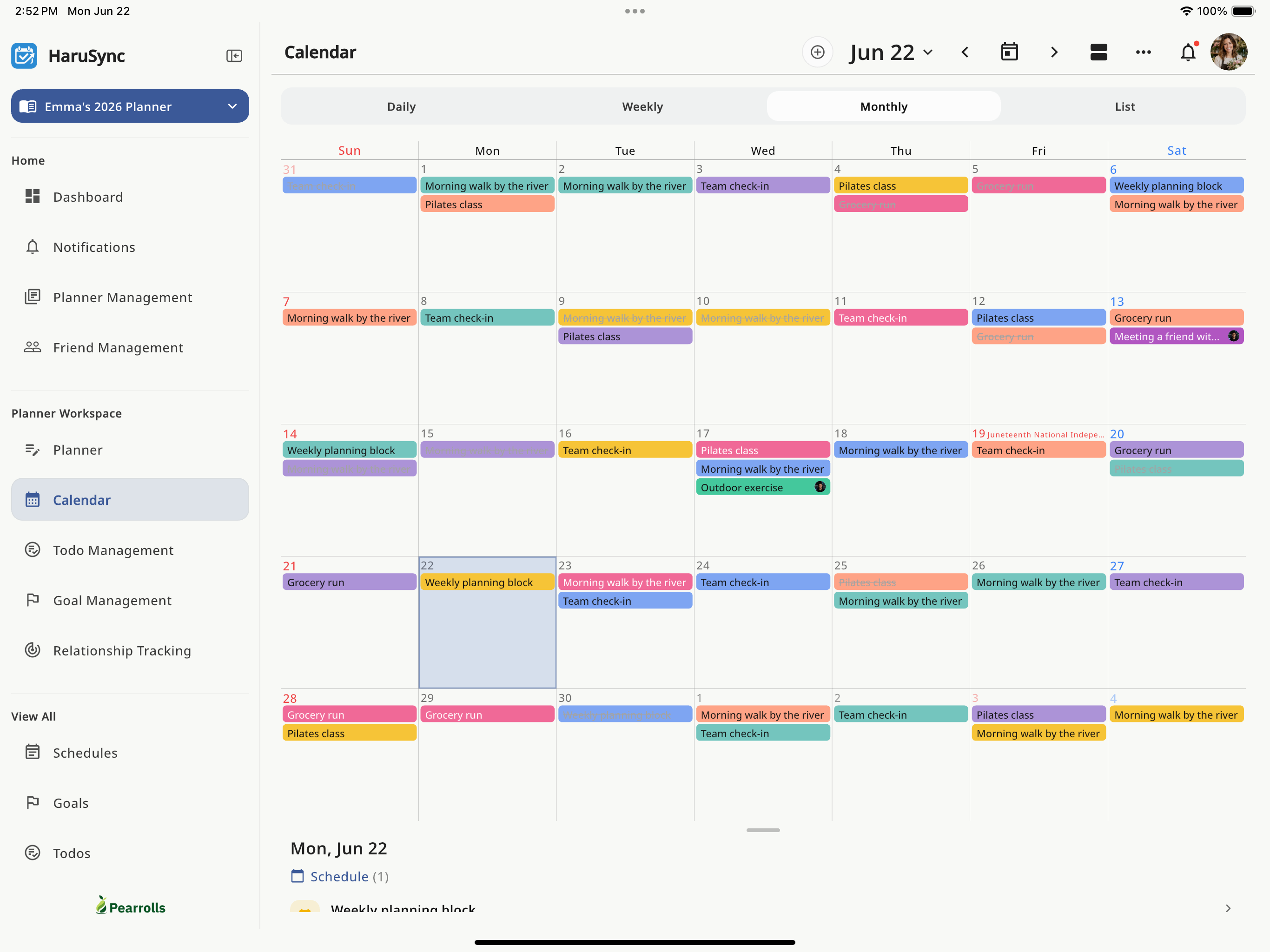 HaruSync tablet screen showing a side rail and monthly planner calendar together