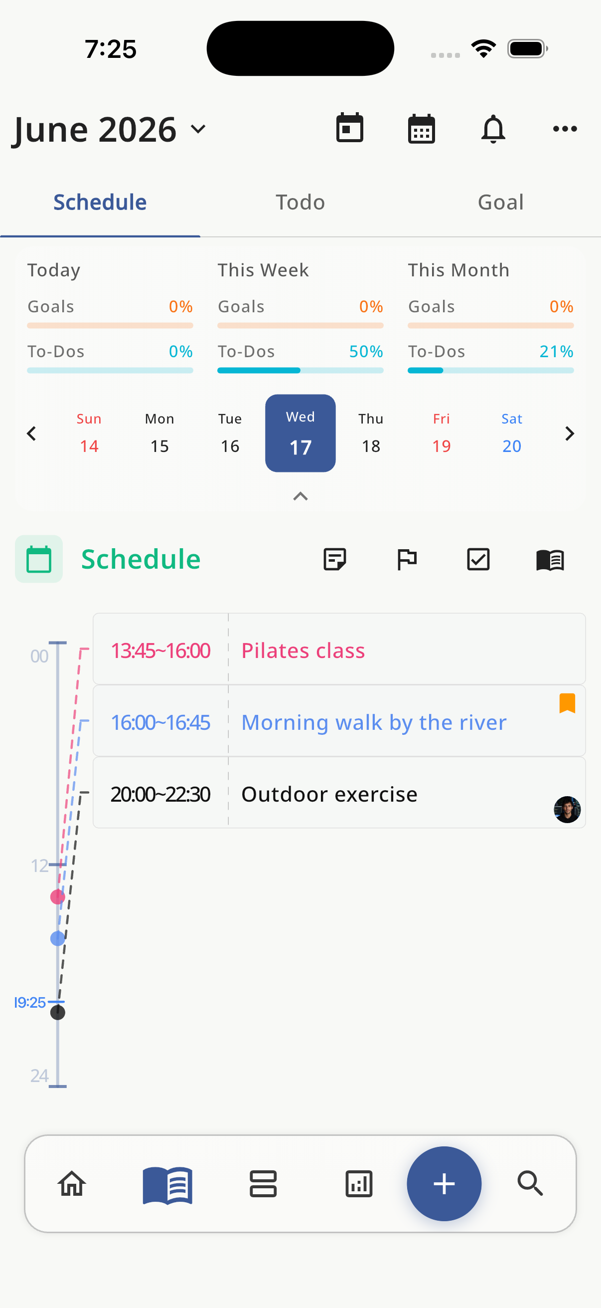 HaruSync planner screen with schedule timeline and period progress