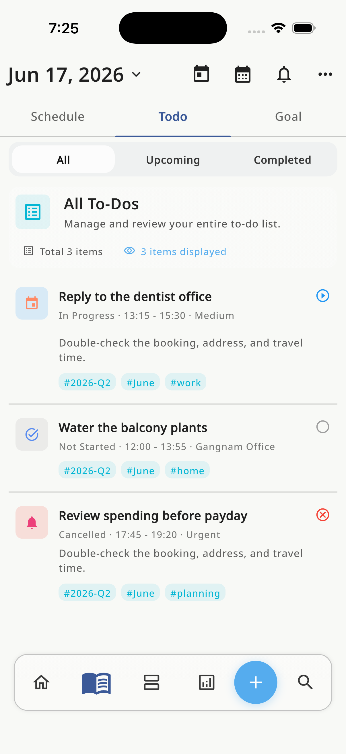 HaruSync todo screen with task status and priority labels