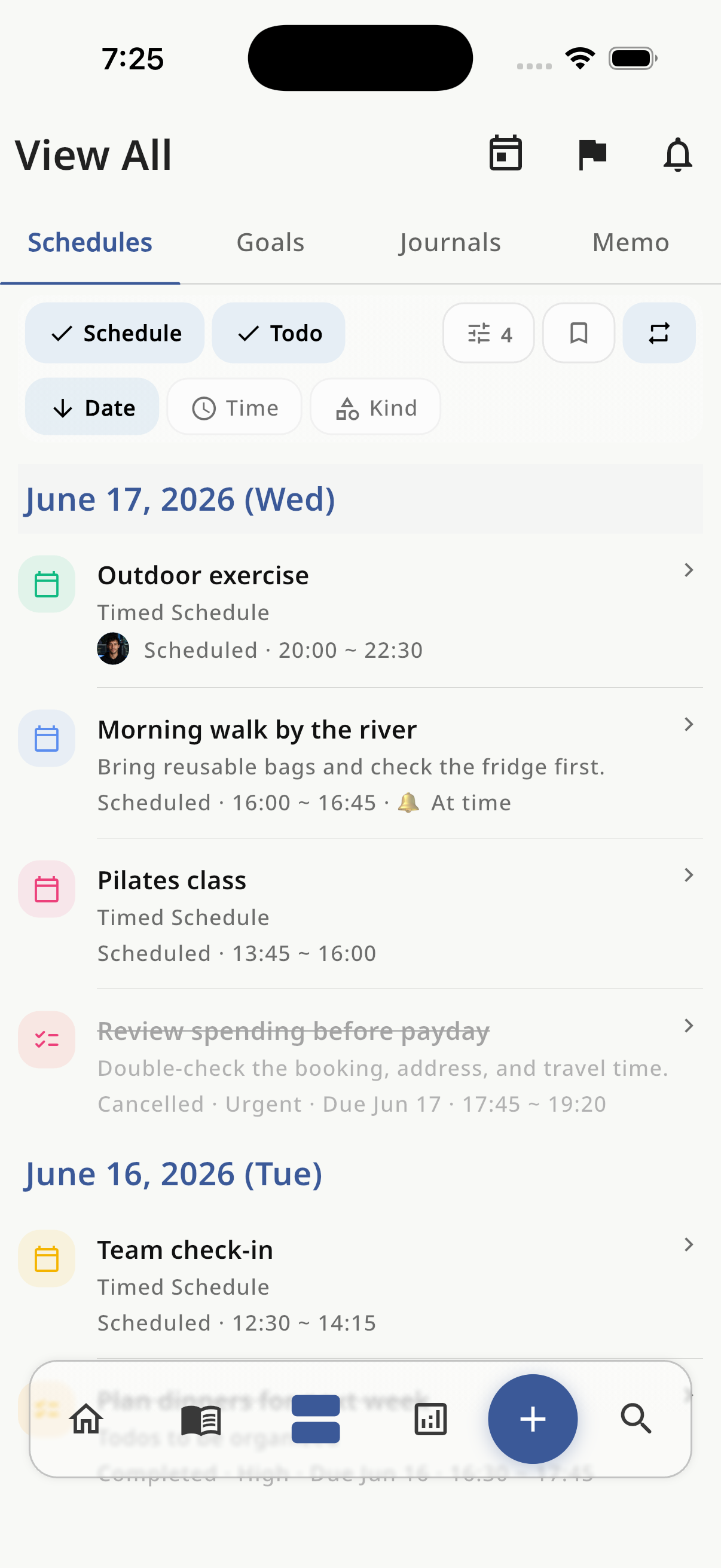 HaruSync view all screen with combined schedules and tasks