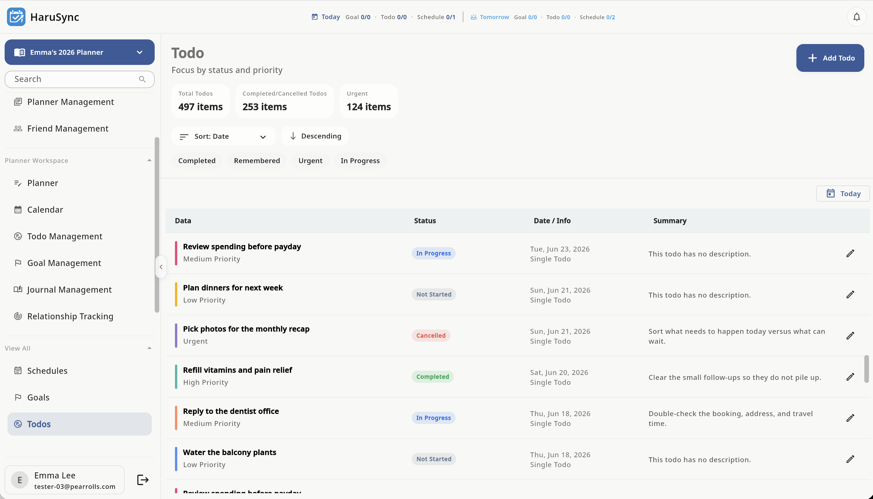 HaruSync web workspace showing a sidebar and desktop todo management table