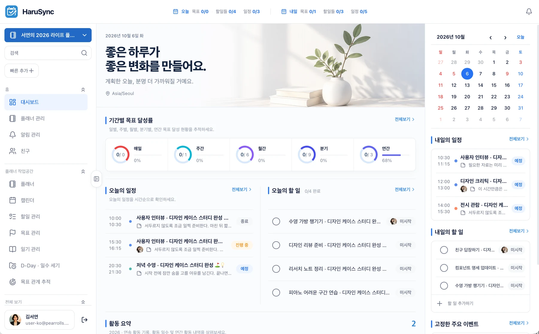 HaruSync · 웹 작업 공간 · 한눈에 보는 오늘